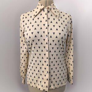 vintage cream 70s disco secretary blouse with black cat print